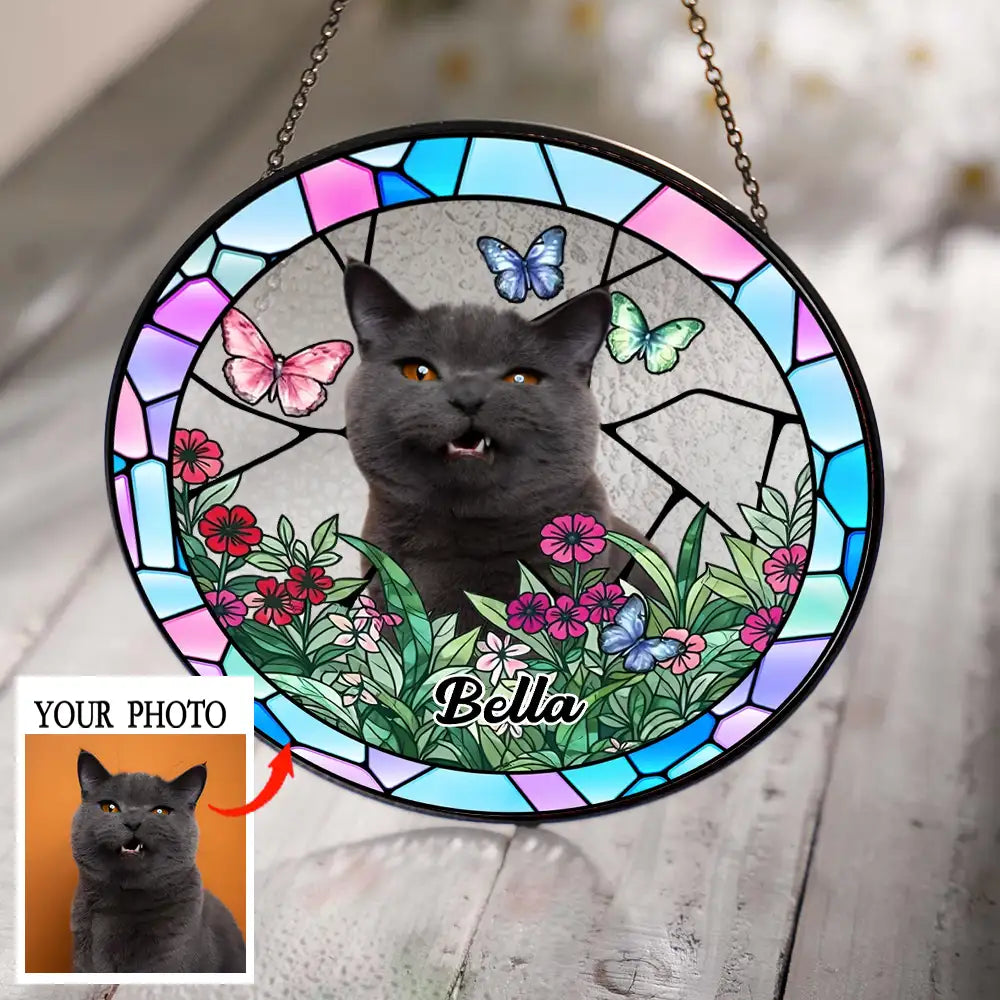 Custom Pet Suncatcher Ornament – Personalized Dog Photo Gift with Floral and Stained Glass Design