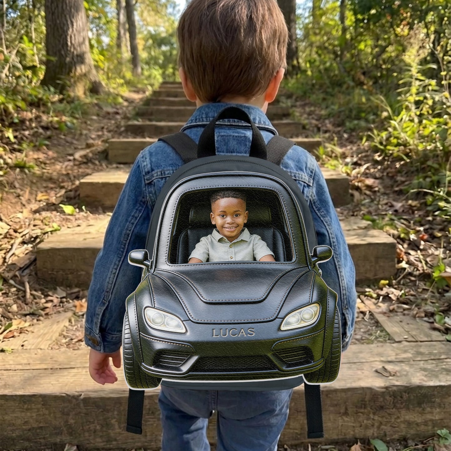Custom From Photo And Vehicle - Personalized Kid Changeable Leather Patch Backpack
