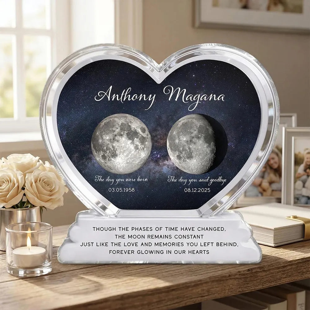 Personalized Heart Shaped Acrylic Block Plaque Moon Phase Memorial Keepsake for Loved One Remembrance - Unique Sympathy Gift