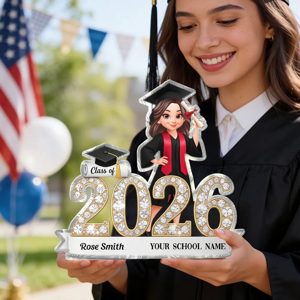 Shaped Acrylic Block Plaque Sparkly Class Of Grad Girl Holding Diploma Desk Decor - Unique Graduation Gift