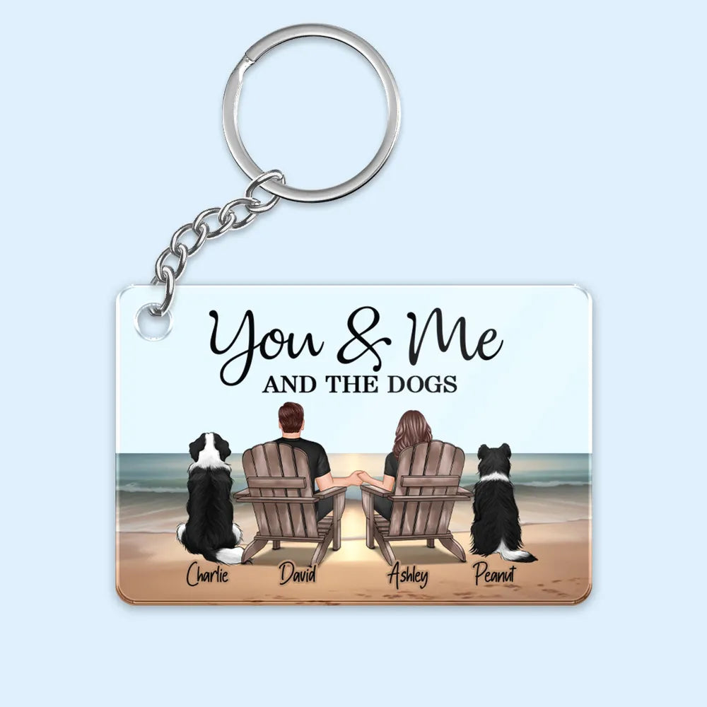 You Me And The Dogs Cats Couple Realistic Beach Landscape Personalized Acrylic Keychain or Poster or Plaque or Ornament, Gift For Him, For Her