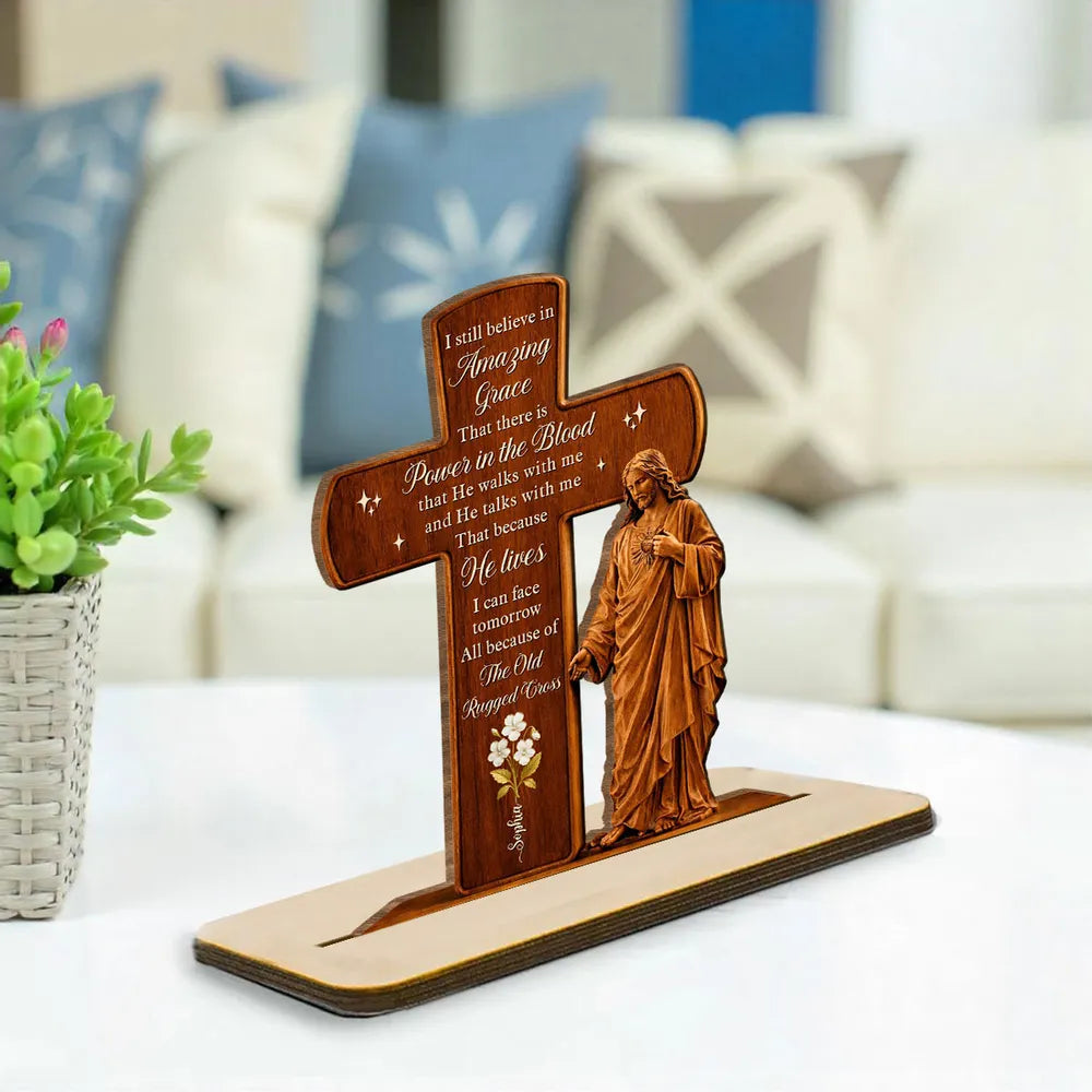 Personalized 2-Layer Wooden Plaque Cross and Jesus Design for Home Display, Amazing Grace Inspired, Unique Faith Gift