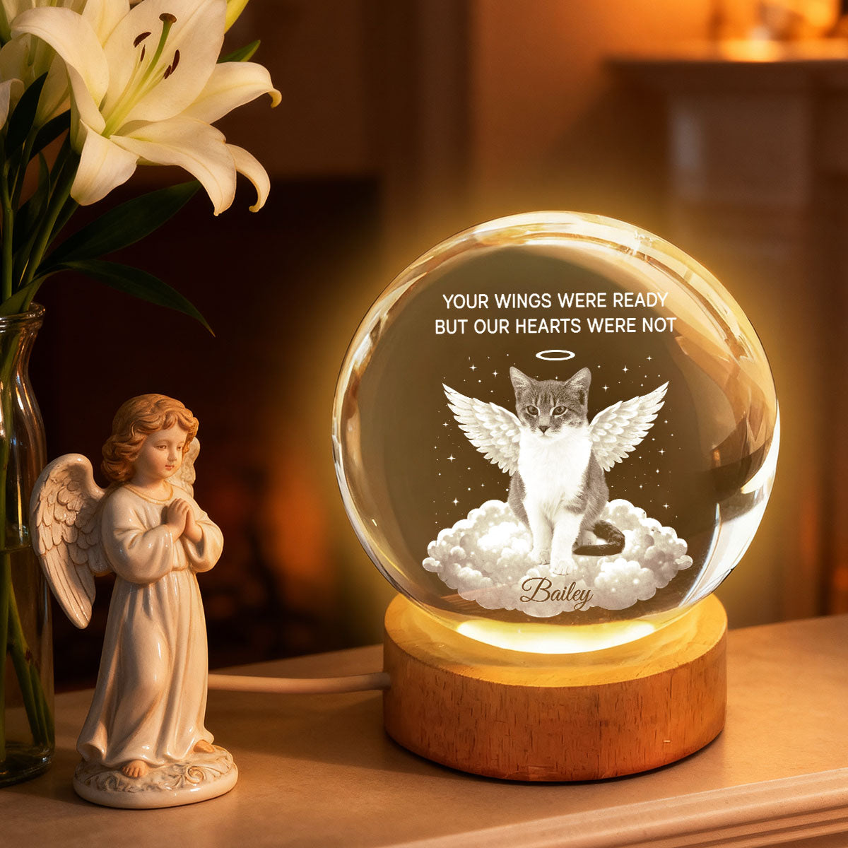 Personalized Crystal Ball LED Night Light Pet Memorial Gift, Angel Wings Quote, Warm Glow Bedside Keepsake