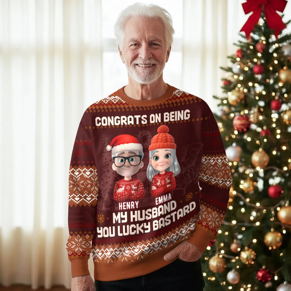 Custom Cartoon Couple Printed Sweatshirt for Husband – Playful Christmas-Inspired Design, One-of-a-Kind Romantic Gift