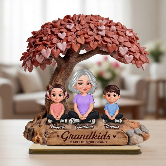 Personalized 2-Layer Wooden Plaque Grandma With Grandkids Under Heart Tree - Unique Family Keepsake Gift