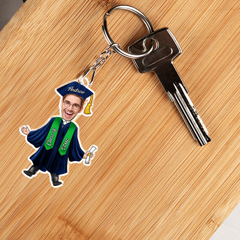 Custom Graduation Face-Cutout Acrylic Keychain – Cap, Gown & Diploma, Funny Keepsake Gift for the New Grad