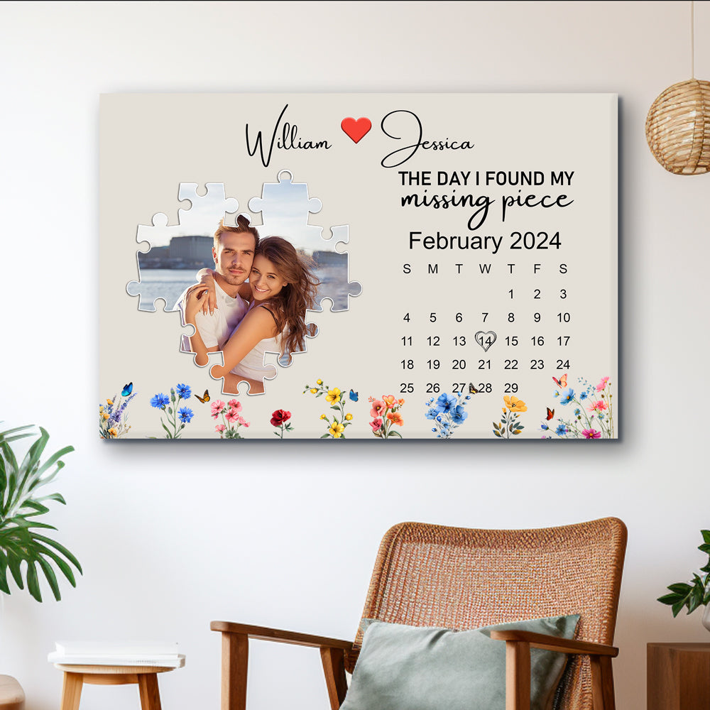 The Day I Found My Missing Piece – Customizable Couple's Poster, Gift for lover, with Puzzle Heart, Calendar, and Floral Details