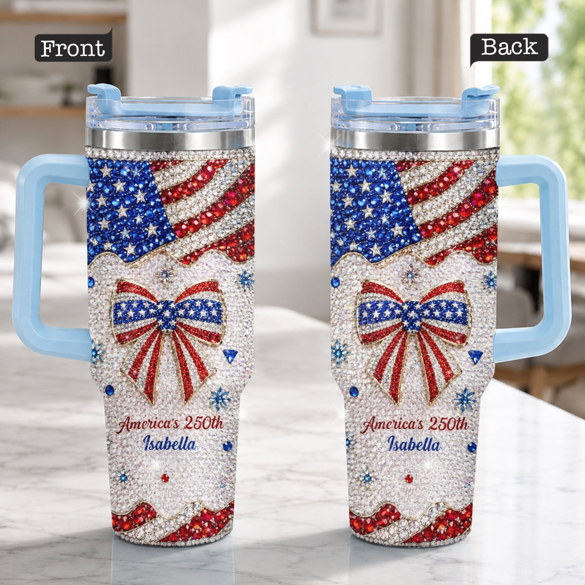 America's 250th Bow - Personalized Independence Day/ 4th of July Rhinestone Tumbler With Plush Charm