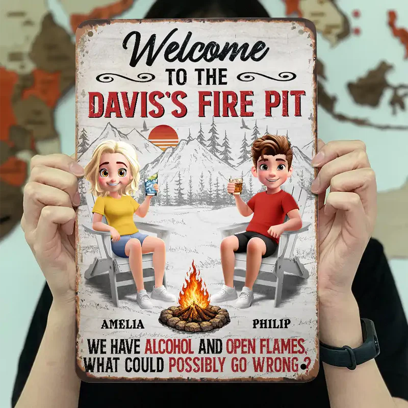 Personalized Rectangular Iron Sign Welcome To Our Fire Pit - Funny Custom Couple Outdoor Decor, Unique Gift