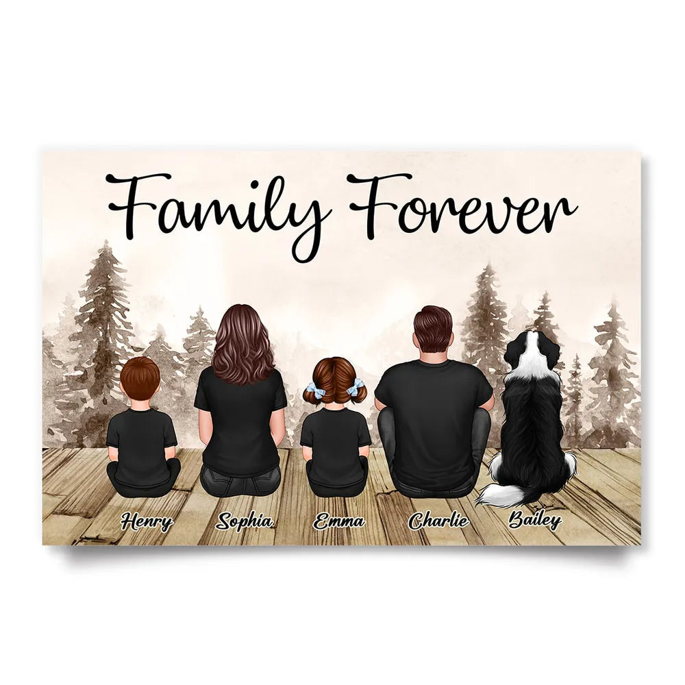 Custom Family Poster, Cozy Woodland Scene with Back View Parents Kids and Pet, Heartfelt Home Decor Unique Gift