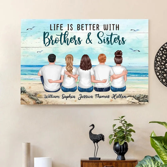 Poster – “Life Is Better with Brothers & Sisters” Beach Back-View Art, Custom Gift for Siblings