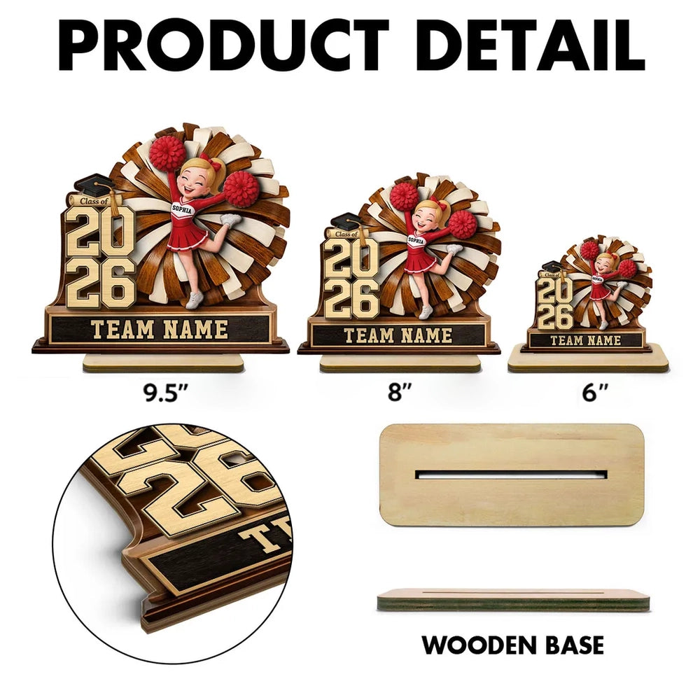 Personalized 2-Layer Wooden Plaque Cheerleader Graduation Decor With Class of and Team Name, Unique Gift