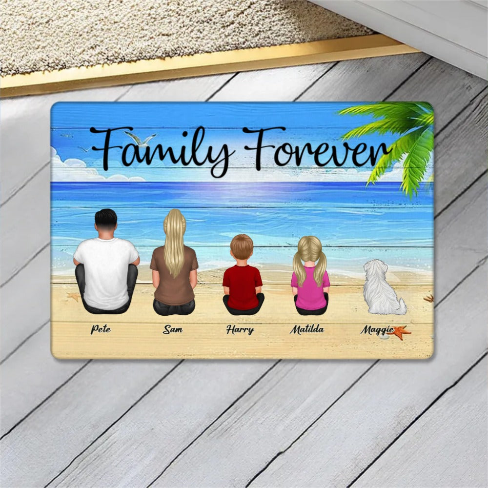 Beach Landscape Family Sitting Back View - Personalized Doormat or Keychain or Poster or Plaque or Car Hanger or Pillow - Ideal Gift for Loved Ones