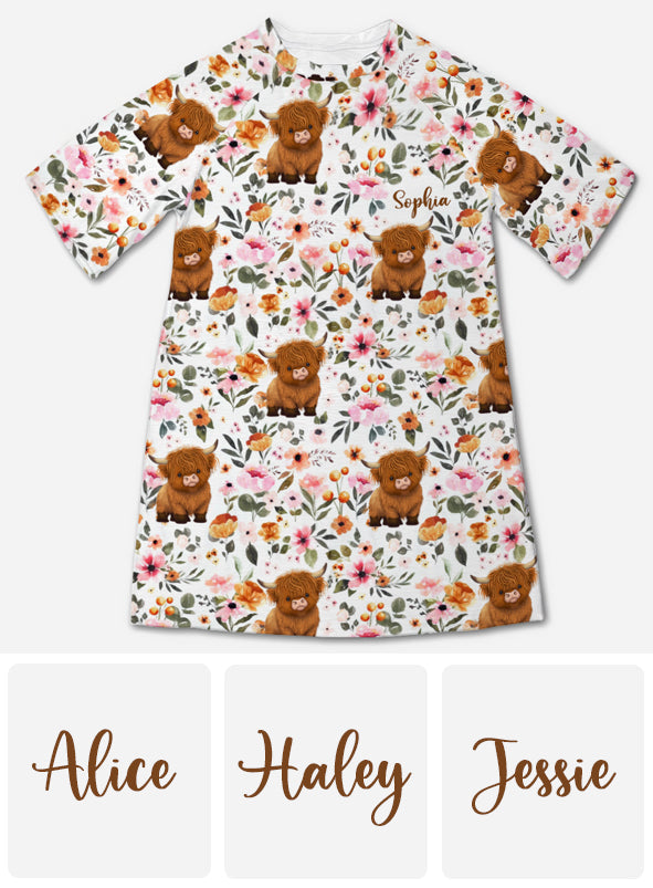 Floral Highland Cow - Personalized Highland Cow Sleep T-shirt Dress
