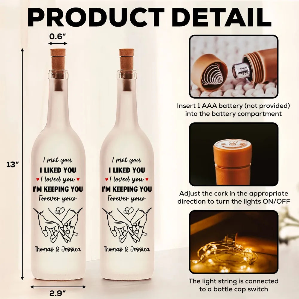 Personalized Bottle Lamp With I Am Keeping You Quote, Warm Glow Bedroom Decor, Unique Romantic Gift for Couples