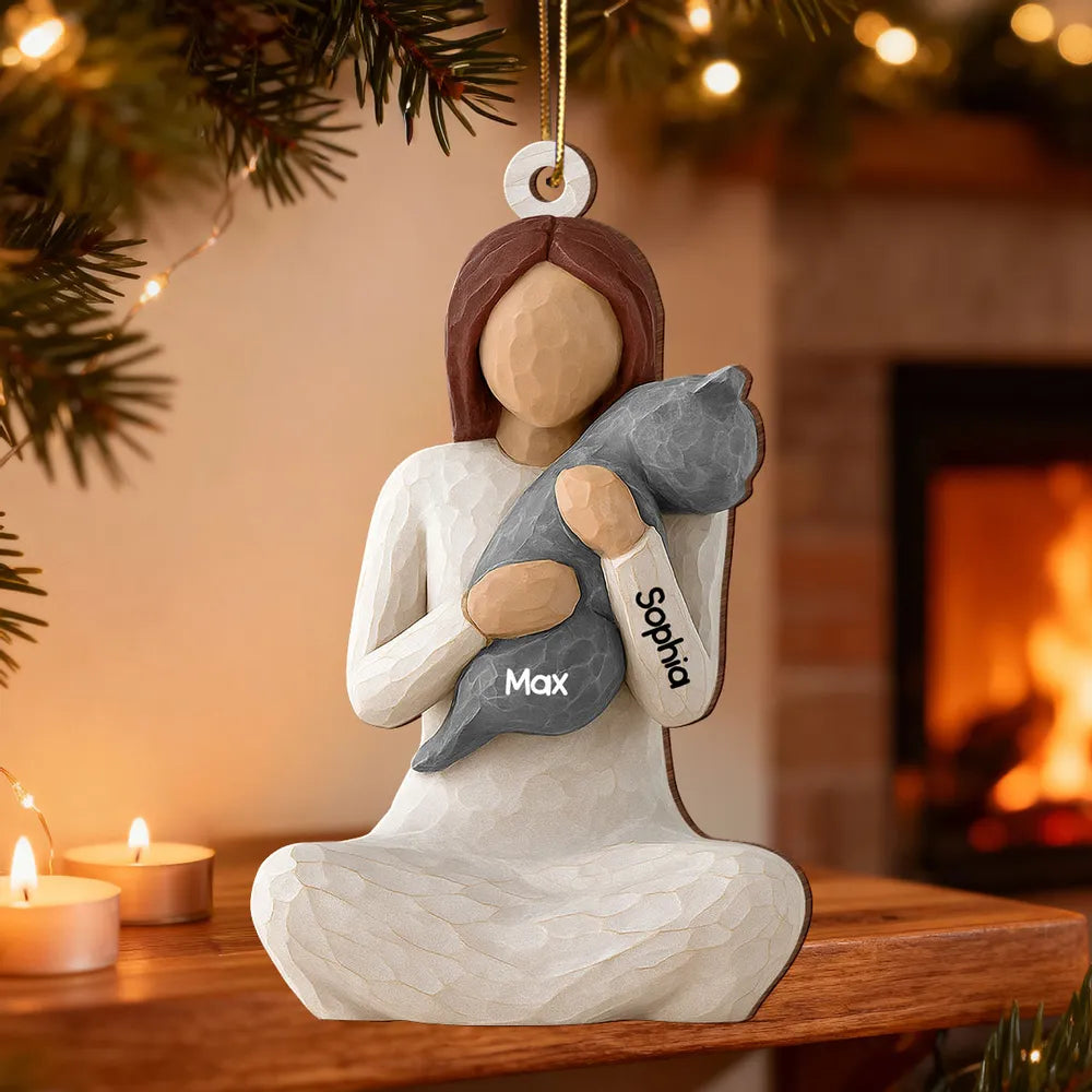 Wooden Ornament - Carved Figure Hugging a Cat, Winter Tree Decor, a unique gift for cat moms & pet owners