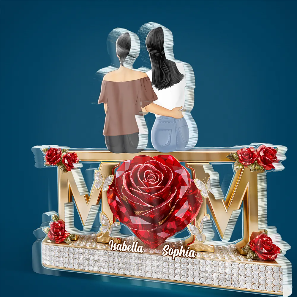 Personalized Shaped Acrylic Block Plaque Mom With Daughters Back-Hug Design, Red Rose Heart Keepsake, Unique Gift for Mom