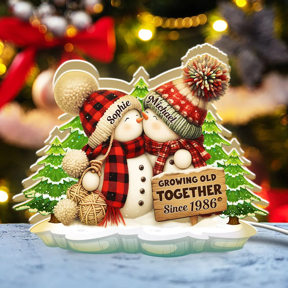 Acrylic Light Box, Snowman Couple Hug in Winter Pines, Warm Glow Decor, Growing Old Together, Unique Gift for Couples