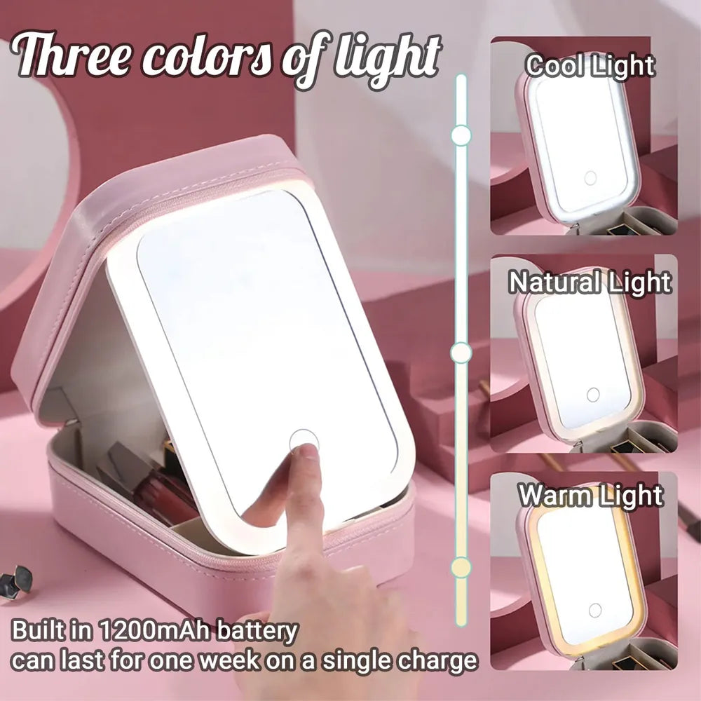 Leather LED Makeup Case - Cute Sitting Cartoon Girl Design, Travel-Ready Mirror, a Unique Gift for Daughter or Best Friend
