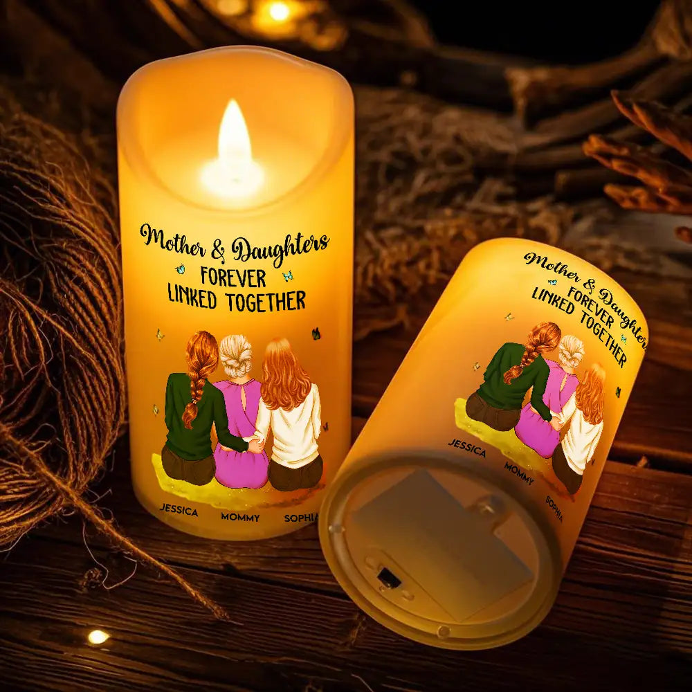 Flameless LED Candle – Mother & Daughter Back‑Hug Art, “Forever Linked Together” Personalized Light
