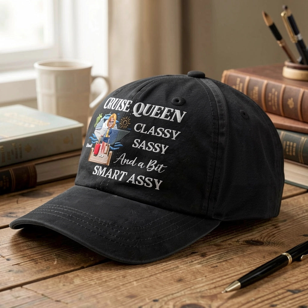 Personalized Washed Denim Baseball Cap, Cruise Queen Classy Sassy Graphic, Unique Funny Gift for Travel Lovers