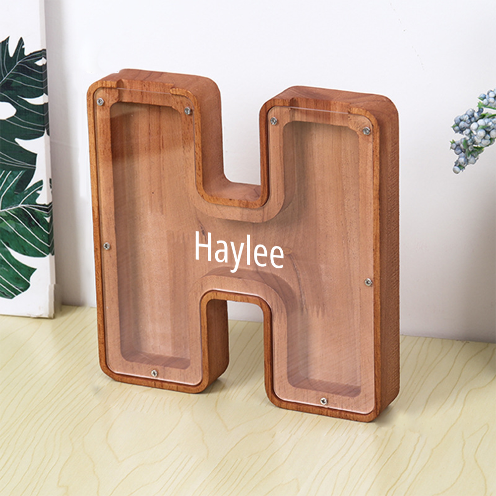 Custom Initial And Name - Personalized Letter And Name Brown Wooden Piggy Bank