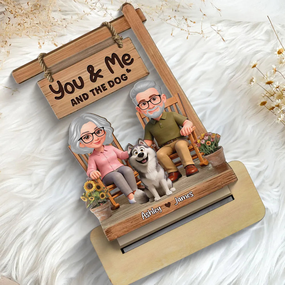 You & Me and the Dog 2-Layer Wooden Plaque, Personalized Sweet Cartoon Keepsake for Couple and Dog Lover Gift