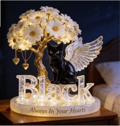 Custom Black Cat Always In Our Hearts Angel Wings Figurine, Personalized Cat Memorial Tree Lamp Statue, Pet Loss Sympathy Night Light Decor