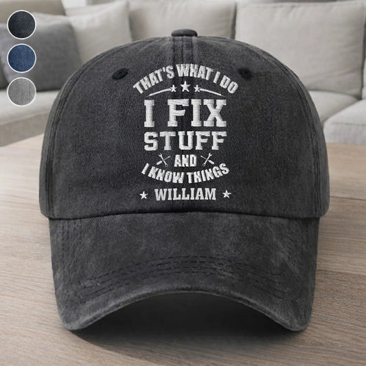 Personalized Washed Denim Baseball Cap with Funny Fix Stuff Quote, Vintage Look Everyday Hat, Unique Gift for Dad
