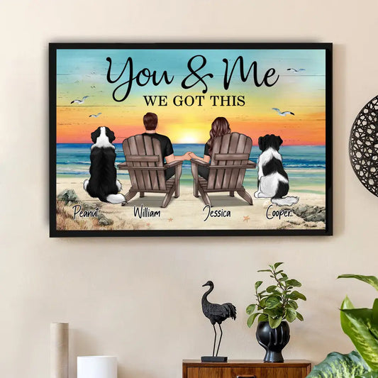 "You & Me – Custom Couple Poster with Pets, Personalized Beach Scene, Romantic Gift for Couples"