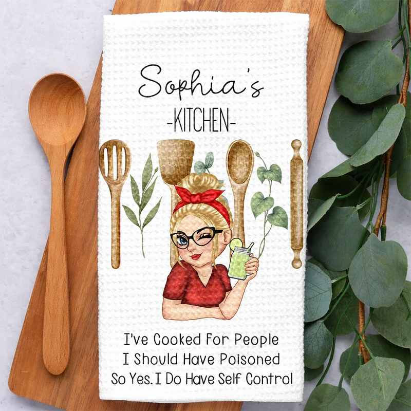 Personalized Kitchen Towel with Funny Cooking Quote and Wine Girl Illustration, Unique Gift for Home Cooks