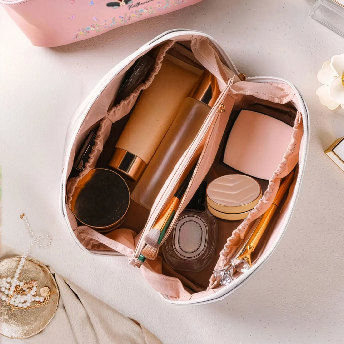 Personalized Leather Makeup Bag with Initial & Cartoon Girl, Spacious Travel Makeup Organizer, Cute Unique Gift for Her