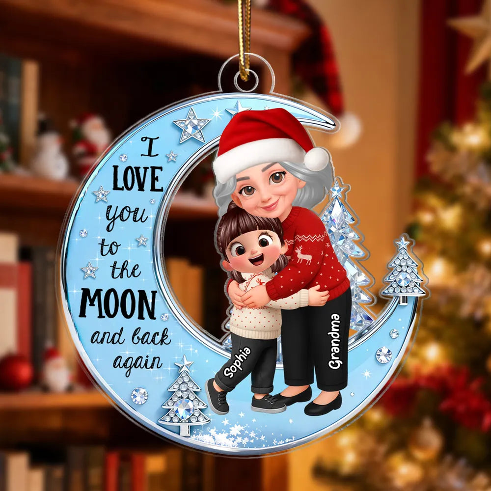 Acrylic Ornament - Grandma & Grandkid on Crescent Moon, Cute Christmas Scene, I love you to the moon and back, unique gift