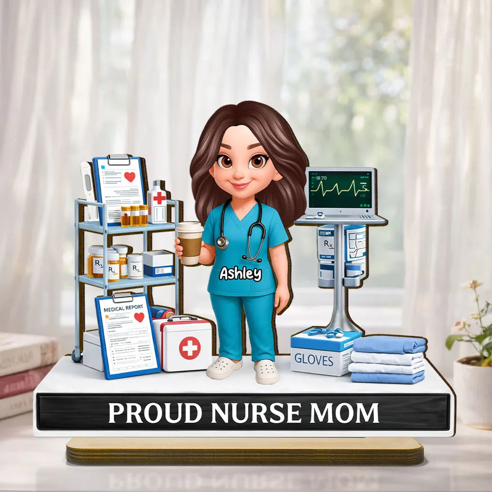 Personalized Proud Nurse Mom 2-Layer Wooden Plaque, Cartoon Nurse in Hospital Scene, Unique Gift for Mom