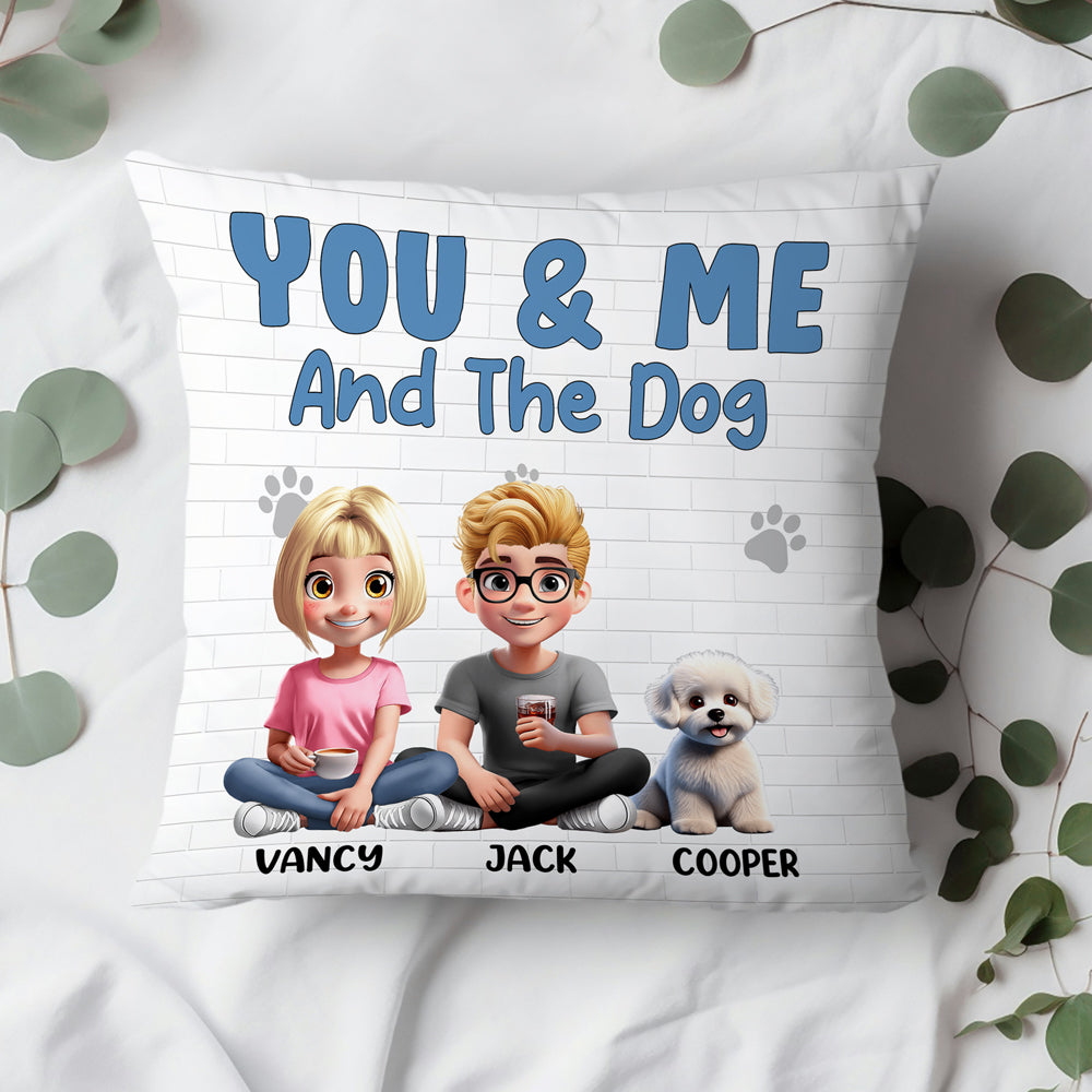 You & Me and the Dogs – Personalized Square Pillow for Families with Custom Pet and People Characters, Perfect Gift for Dog Lovers