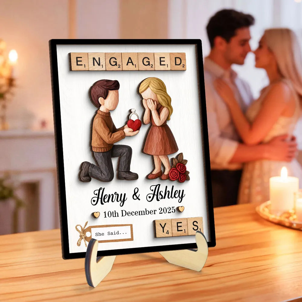 2-Layer Wooden Plaque with Engaged Couple Proposal Scene and 'She Said... Yes' - Personalized Keepsake Gift for Couples