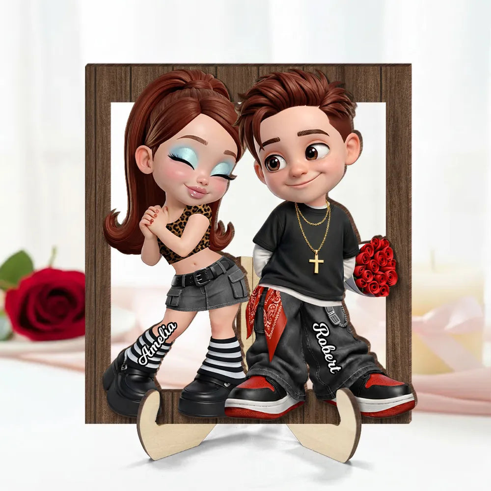 Personalized 2-Layer Wooden Plaque Y2K Cartoon Couple Holding Roses Unique Gift For Him Or Her
