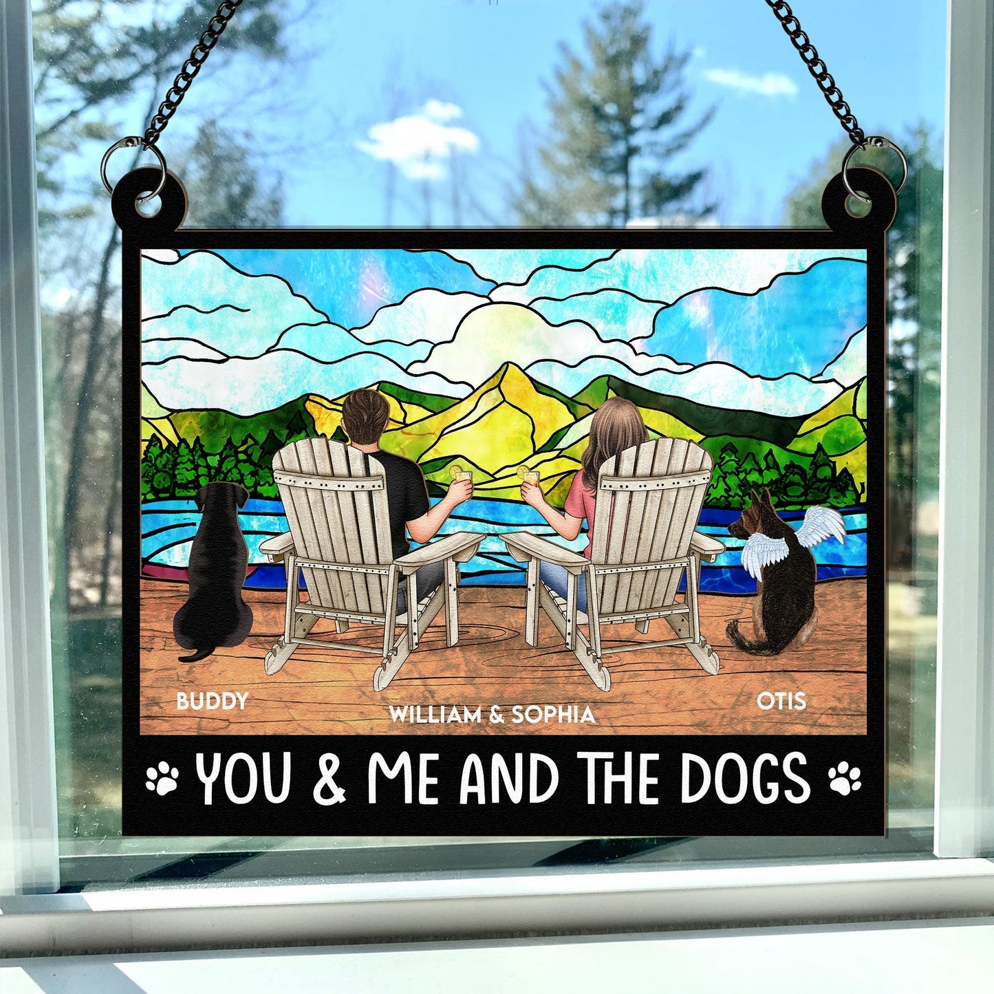 You & Me and the Dogs Mountain Sunset Wood and Acrylic Ornament – Personalized Gift for Couples and Dog Lovers