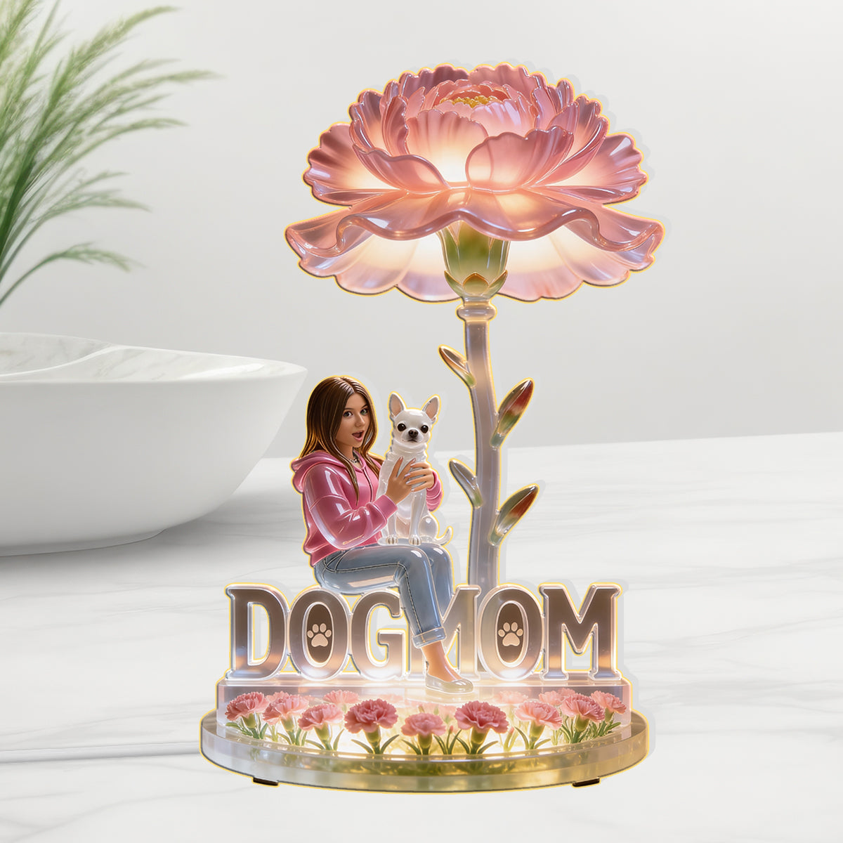 Dog Mom And Flower - Personalized Dog Acrylic LED Night Light