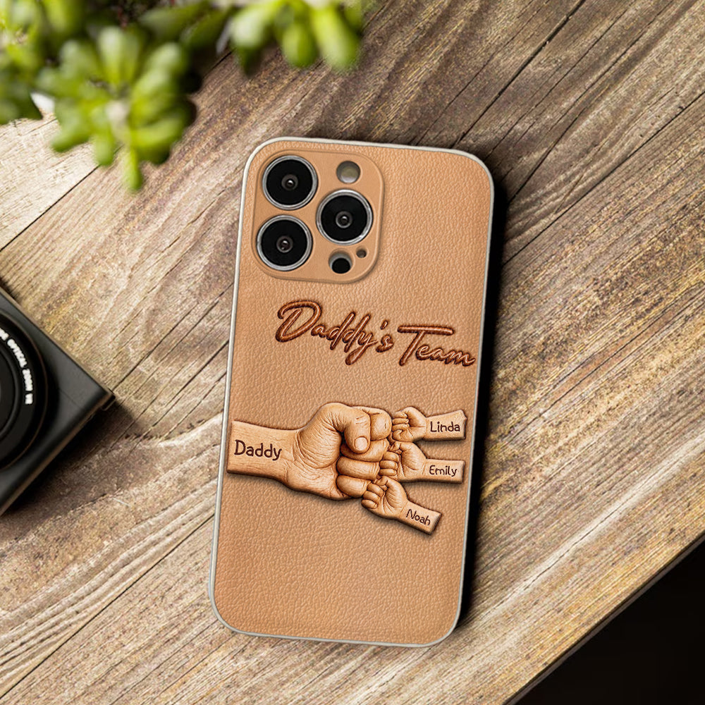 Daddy's Team - Personalized Father 3D Embossed Leather Phone Case