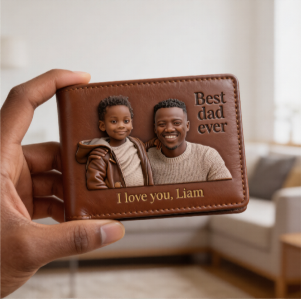 Custom 3D Photo Embossed Leather Wallet for Black Dad- Personalized Best Dad Ever Bi-fold Wallet, Custom Father's Day Gift