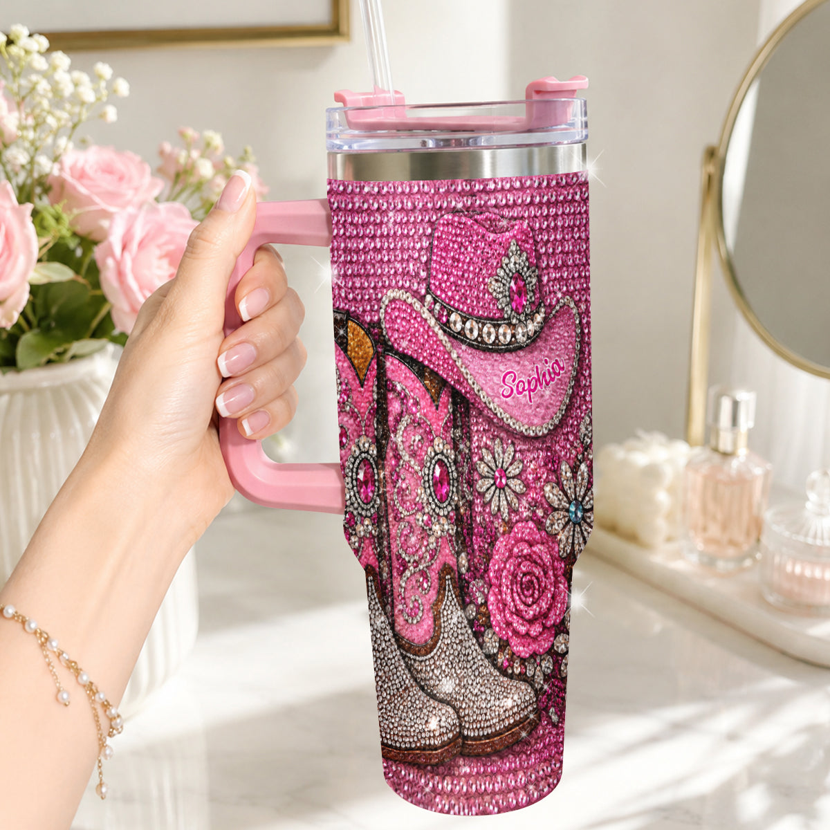 Cowgirl Boots - Personalized Cowgirl Rhinestone Tumbler With Plush Charm