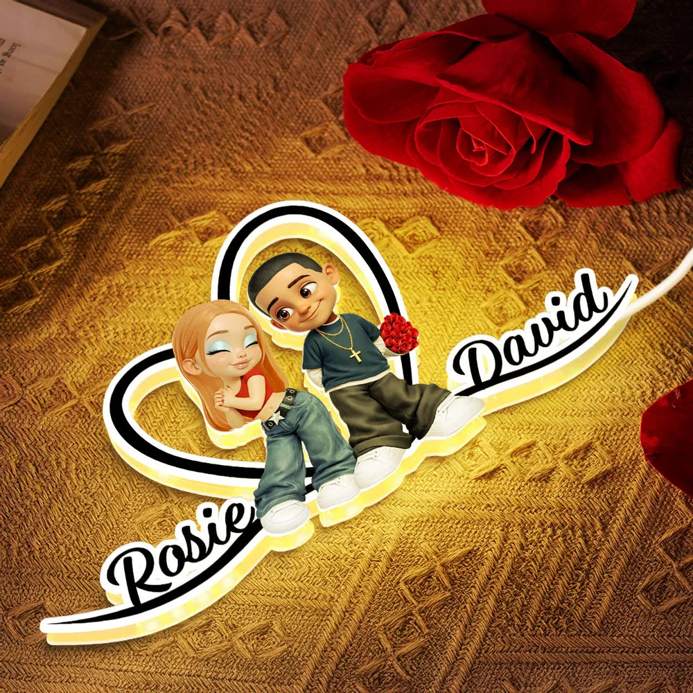 Personalized Couple Heart Acrylic Light Box, Y2K Cartoon Look for Bedroom Shelf Decor, Unique Romantic Gift for Him or Her