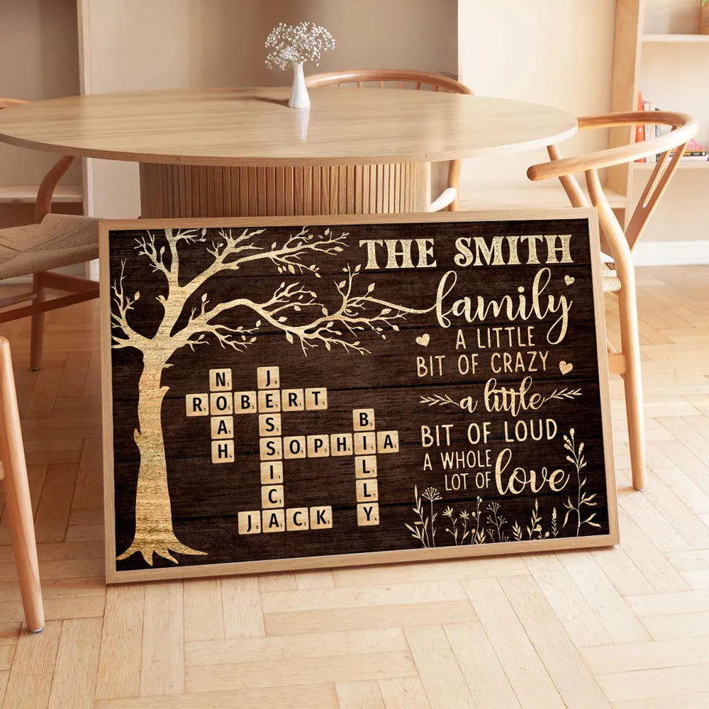 Custom Family Tree Poster with Name Crossword, Warm Wall Art Keepsake, Meaningful Housewarming or Christmas Gift