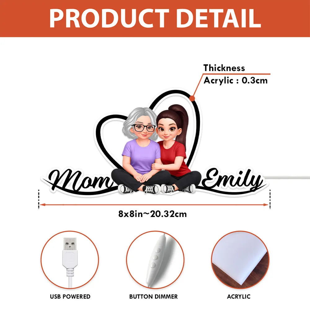 Mom and Daughter Forever Love Acrylic Light Box, Heart Backdrop Hugging Duo, Cozy Bedside Glow, Unique Gift for Mom
