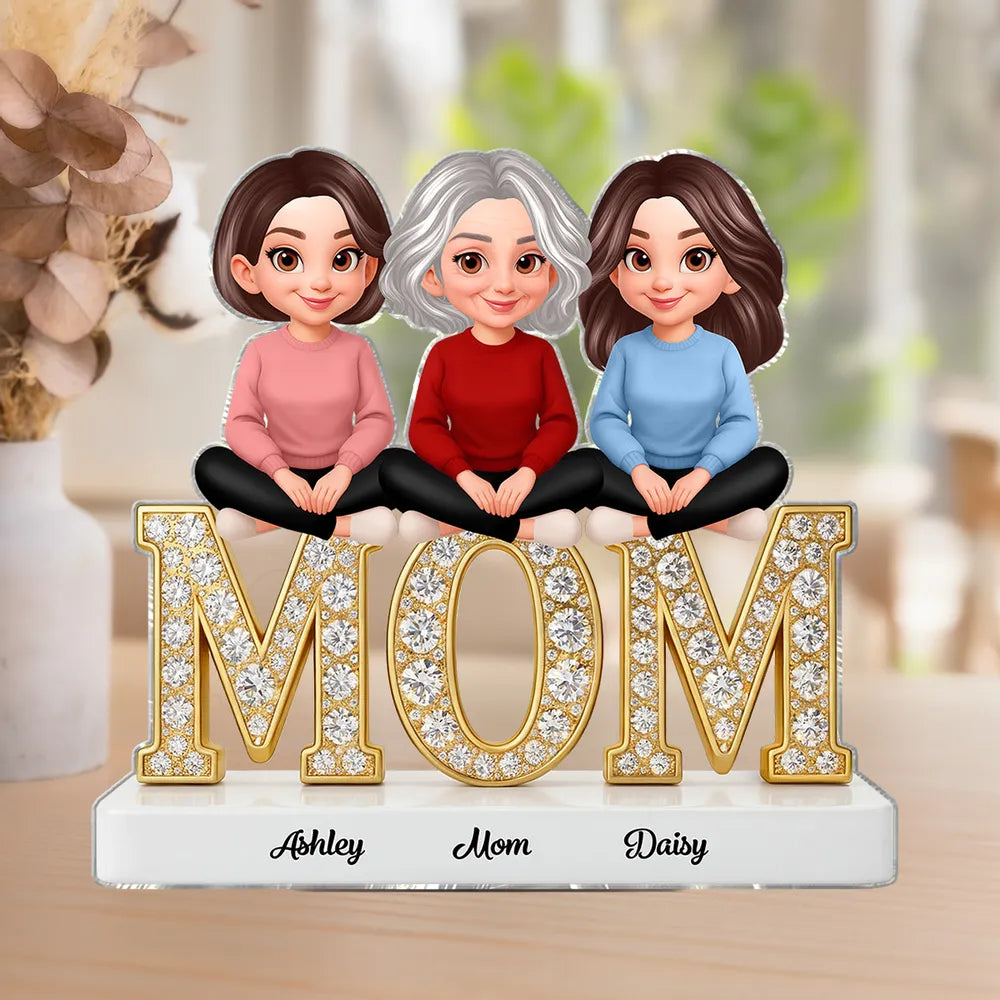Personalized Shaped Acrylic Block Plaque with Mom & Daughters Cartoon Illustration, Sparkly MOM Shelf Decor, Unique Gift for Mom