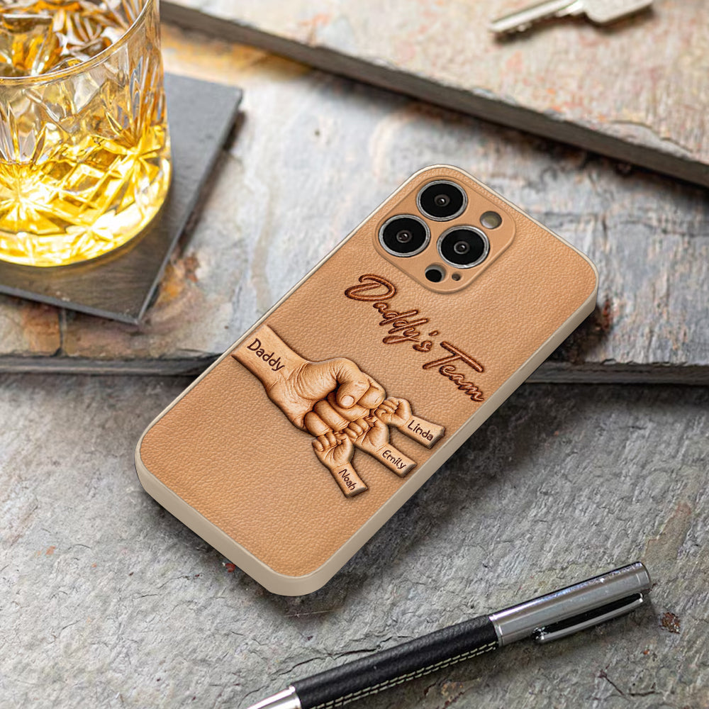 Daddy's Team - Personalized Father 3D Embossed Leather Phone Case