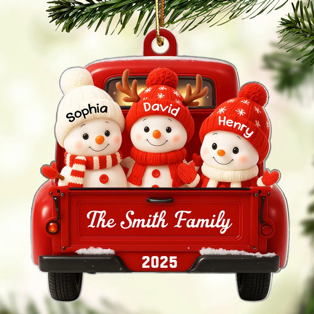 Christmas Acrylic Ornament with Snowman Family in Red Truck, Festive Holiday Décor for Tree & Home