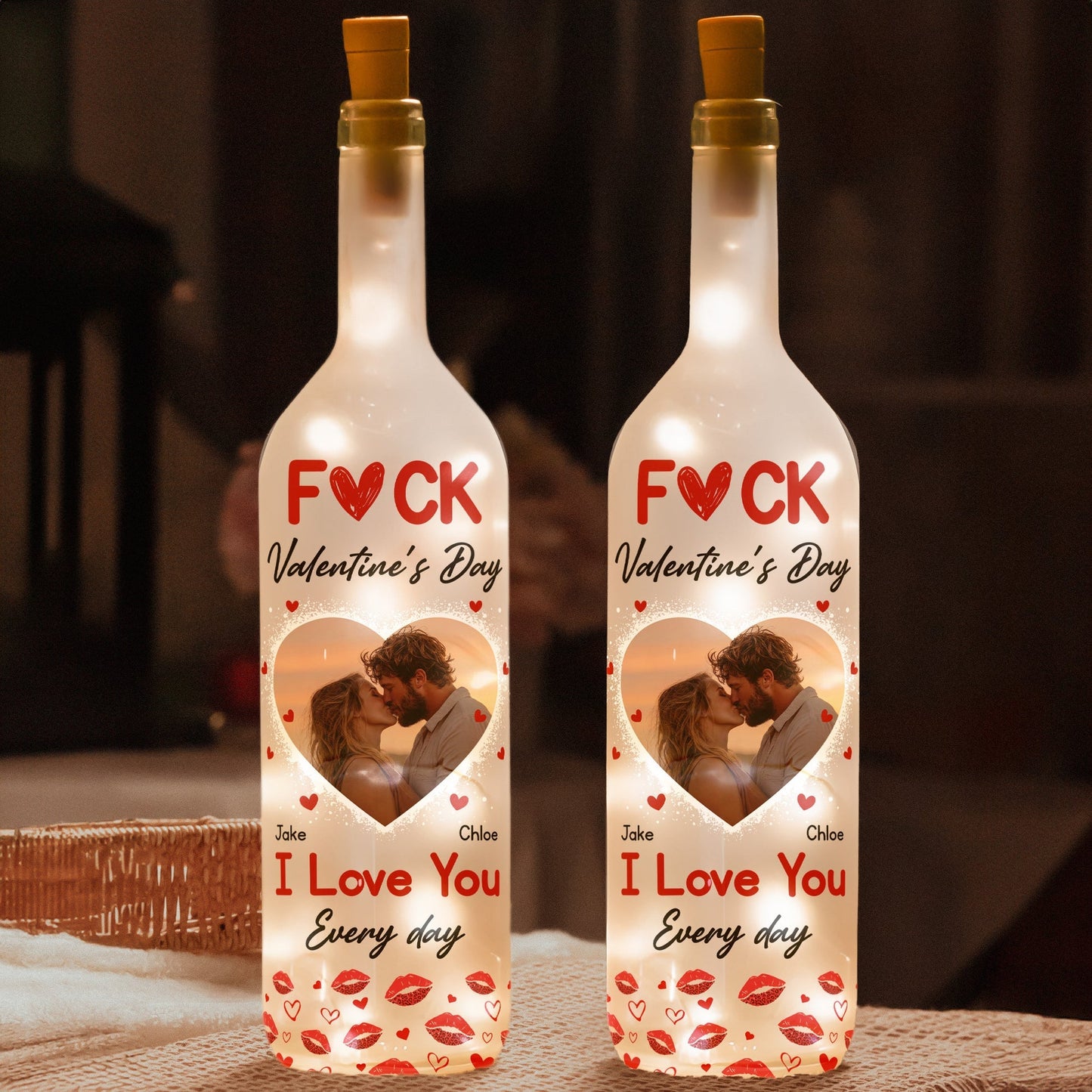 I Love You Every Day Photo Bottle Lamp, Heart Couple Kiss Warm Glow Decor, Unique Valentine's Day Gift