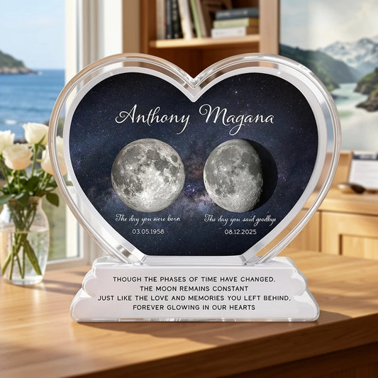 Personalized Heart Shaped Acrylic Block Plaque Moon Phase Memorial Keepsake for Loved One Remembrance - Unique Sympathy Gift